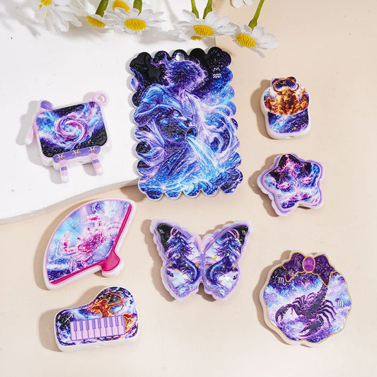 Celestial Zodiac, Galaxy, Butterfly & Fantasy Twelve Constellation Design Printed Acrylic Beads, Assorted Shapes, Random Mix