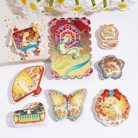 Acrylic Beads Pendant with Chinese Dunhuang Nine Colored Deer Series, Random Mix