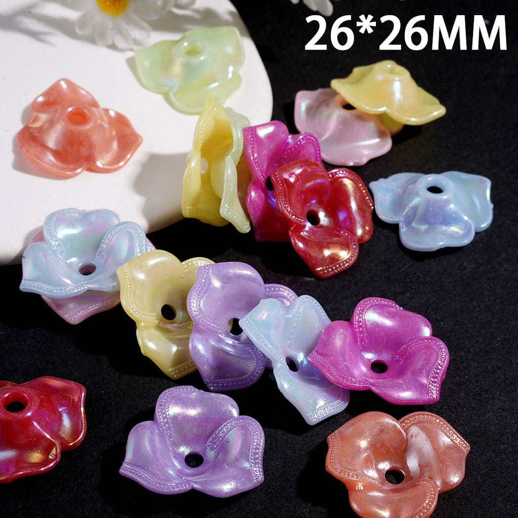 UV Coated Three-Petaled Flower Bead Cages, Acrylic Bead Cap, 26*26MM, Macaron Colors Random Mix (They Fit 20MM Beads)