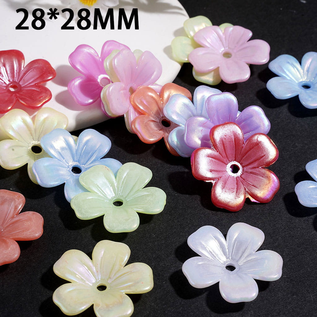 UV Coated Five-Petaled Flower Bead Cages, Acrylic Bead Cap, 28*28MM, Macaron Colors Random Mix