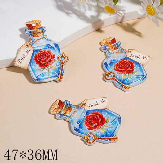 Bottle Shape with Rose Flower Acrylic Pendant with Vintage Key & "Drink Me" Tag, 47*36MM