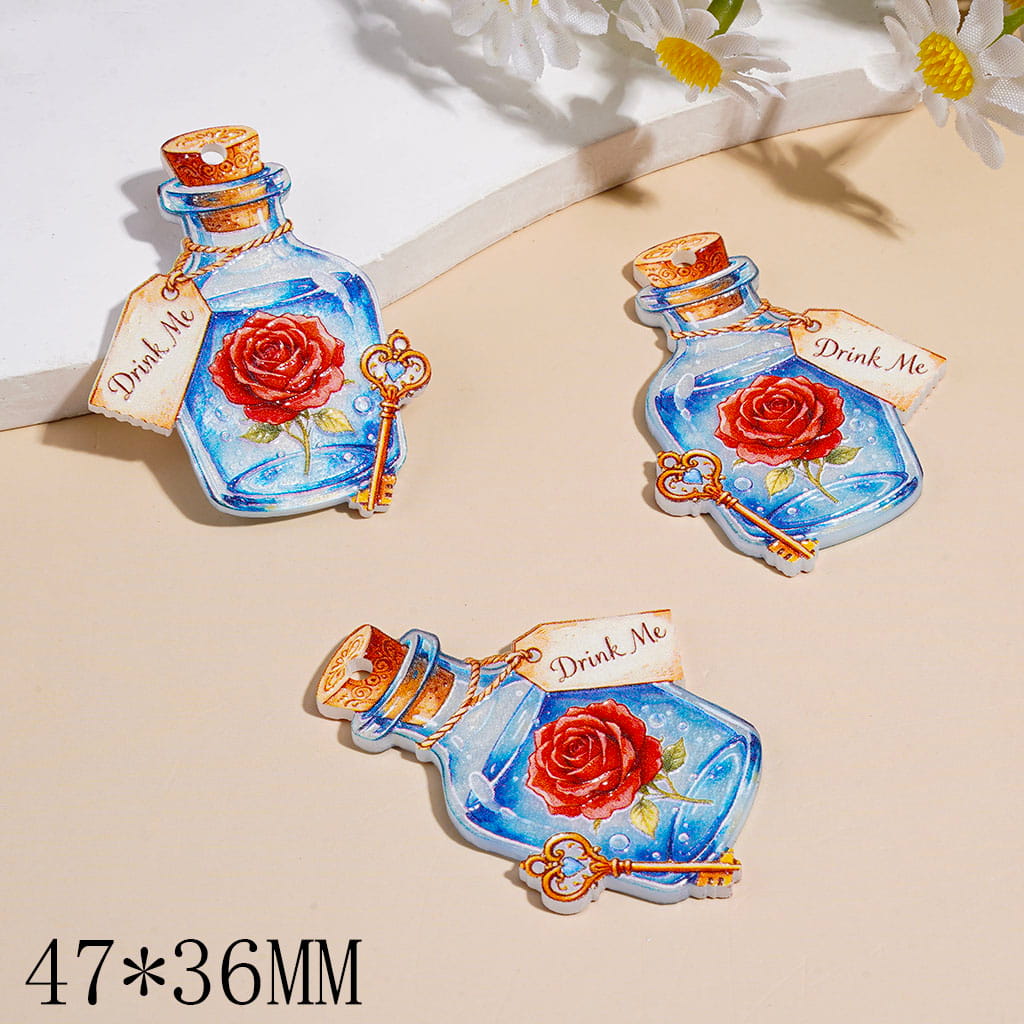 Acrylic Pendant Bottle Shape with Rose Flower and Key, 47*36MM