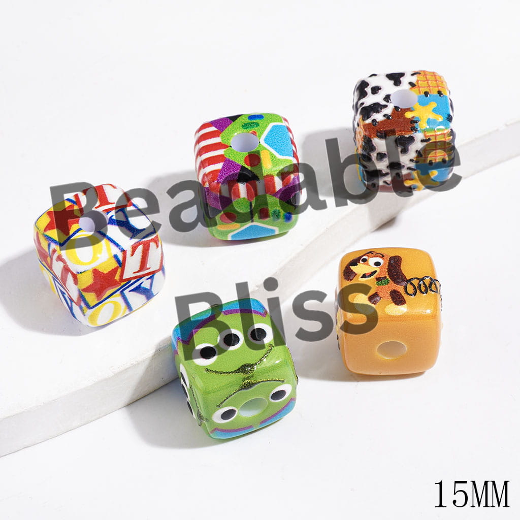 Acrylic Beads with Toy Adventure Characters Prints, 15MM, Cube Square Shape, Random Mix