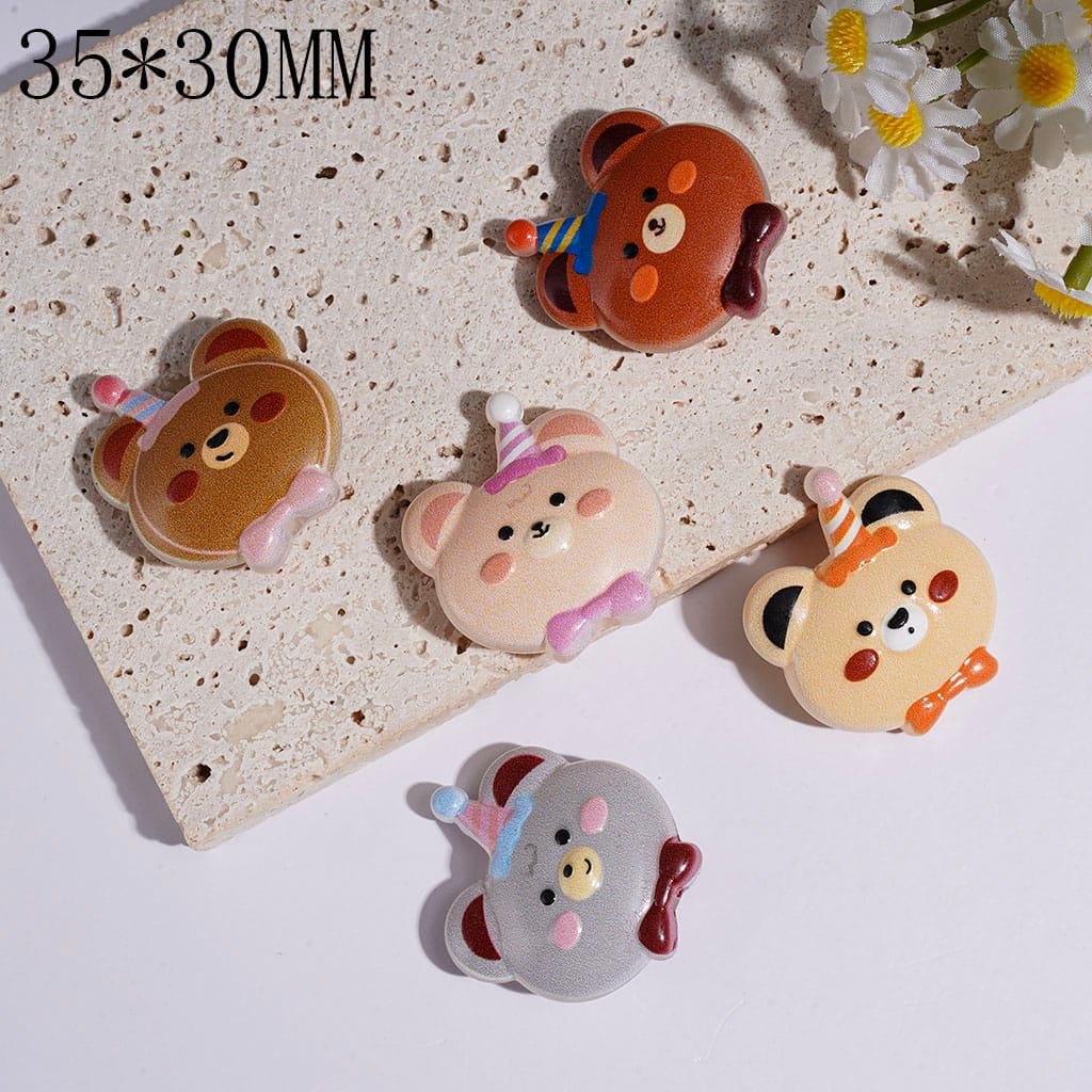 Acrylic Beads Bear Series with Birthday Hat and Bowtie, Multi-Color 35*30MM
