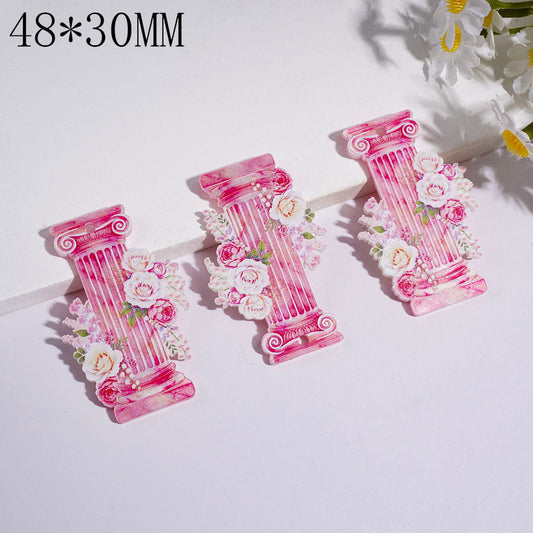 Vintage Pink Marble Roman Pillar with White & Pink Roses, Flower & Leaf Acrylic Pendant, 48*30MM