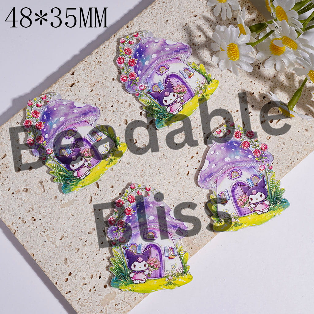 Mushroom House Acrylic Pendants with Adorable Characters Rose Flower Green Plants, 48*35MM