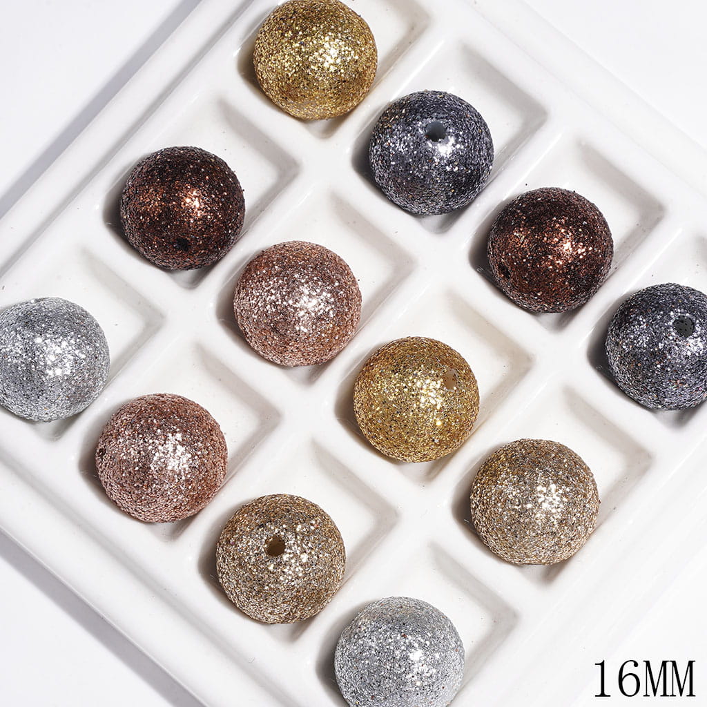 Elegant Golden Earth-Tone Glitter Round Acrylic Beads for DIY Bracelets, 16MM, Random Mix