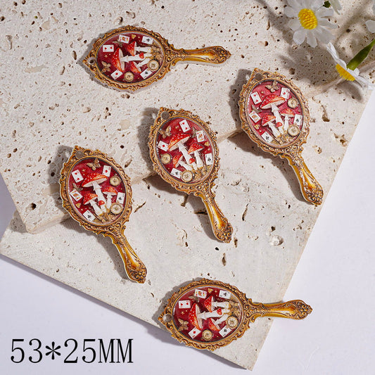 Poker Mushroom Hand Mirror Shape Acrylic Pendant with Playing Cards & Clock Design, 53*25MM