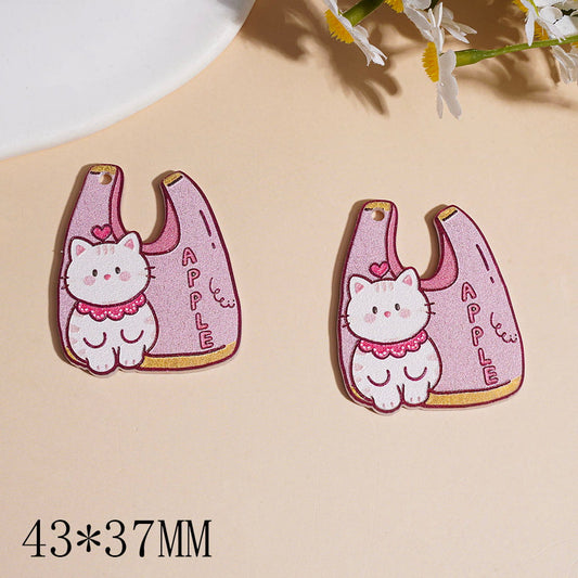 Cute White Kitty Character Acrylic Pendant with Pink Shopping Tote Bag & "Apple" Text, 43*37MM