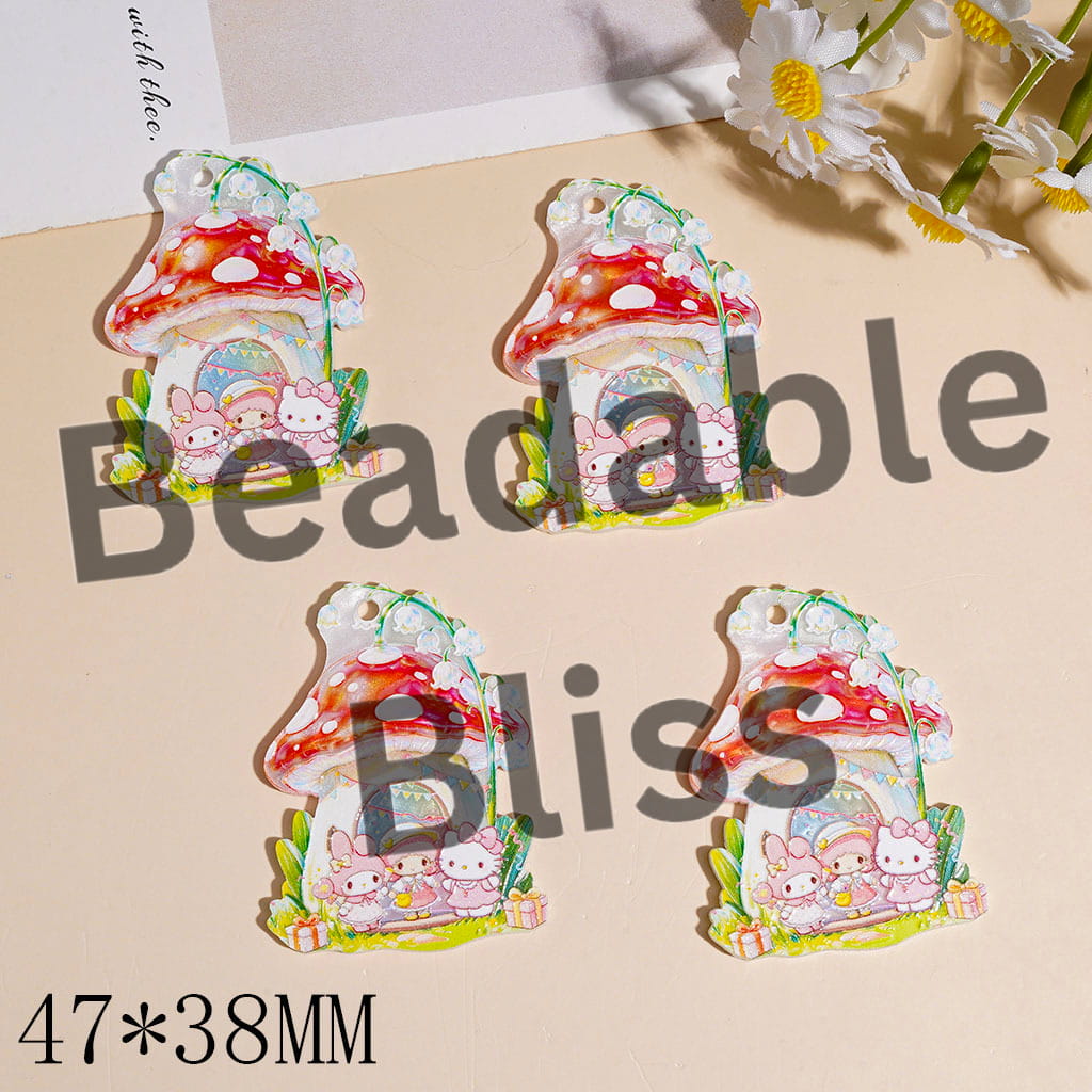 Mushroom House Acrylic Pendants with Adorable Characters and Green Plants, 47*34MM