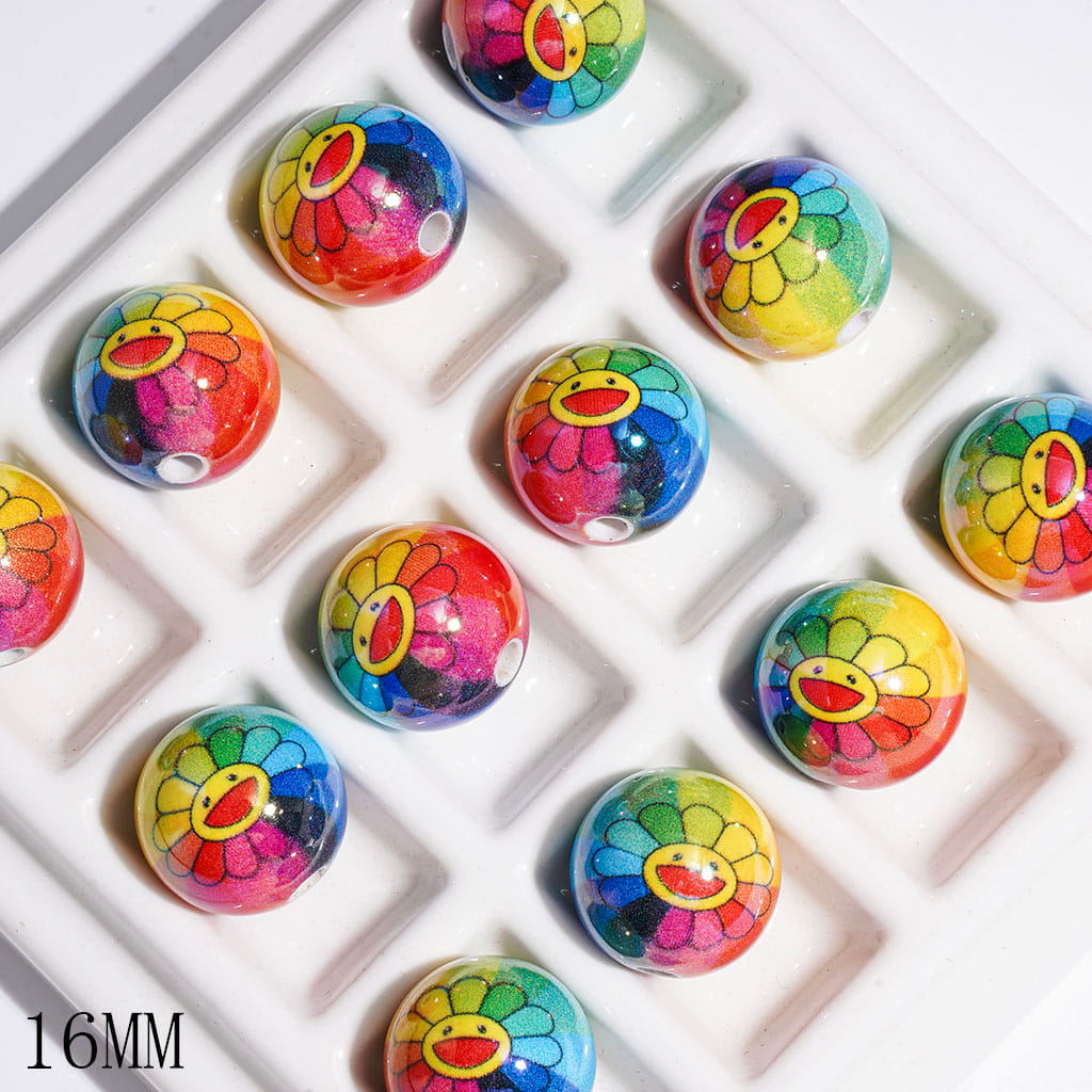 UV-Finished Cheerful Smiling Sun Flower Rainbow Design Round Acrylic Beads for Bracelets, 16MM