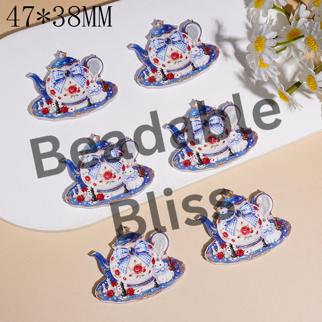 Traditional Teapot Acrylic Pendants with Poker Rabbit Blue Bow Chess Red Flower, 47*38MM