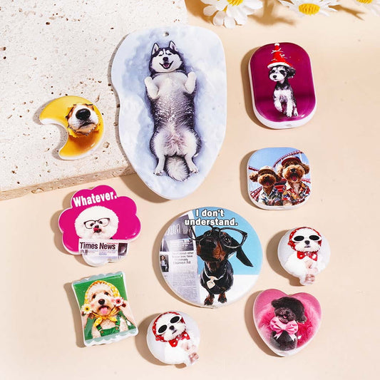 Cute Pet Dog Character Printed Acrylic Beads Pendants, Assorted Shapes & Designs, Random Mix