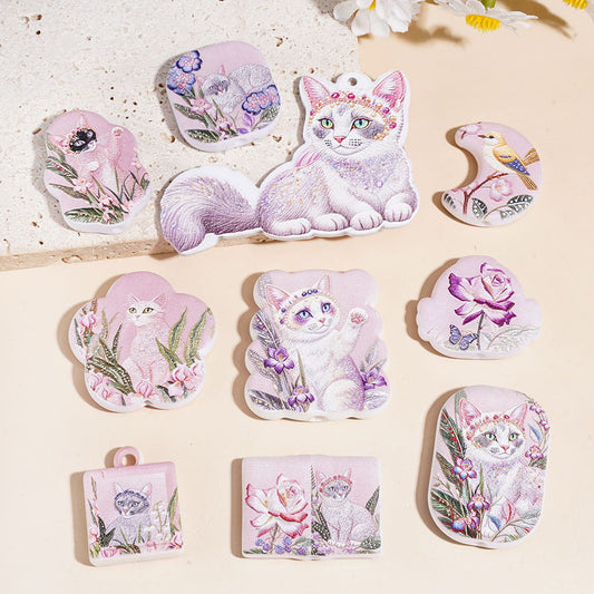 Cute Cat Character Acrylic Pendants with Pink & Purple Flowers and Bird Series, Assorted Shapes & Designs, Random Mix