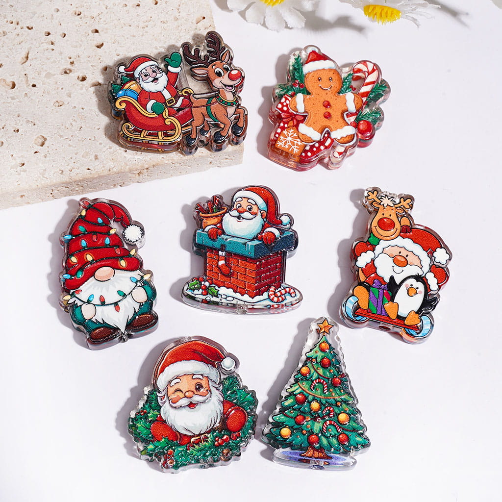 Acrylic Beads Christmas Series Santa Claus Gingerbread Man Tree Reindeer Elves, Semi-Clear, Random Mix