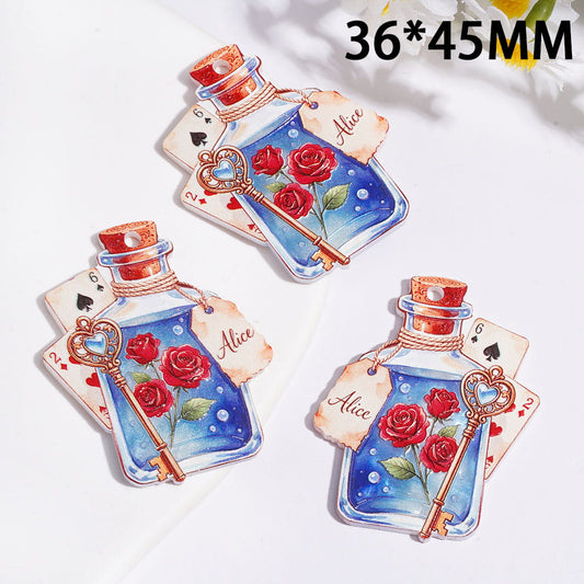 Blue Rose Potion Bottle with Vintage Key and Poker Card Acrylic Pendant, 36×45MM
