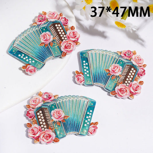 Blue Accordion Shaped Music Theme Acrylic Pendant with Pink Rose Floral Design, 37*47MM