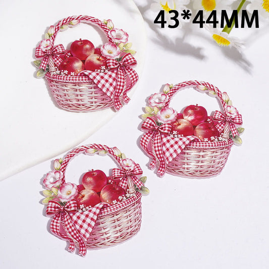 Red Apple Basket with Bow & Pink Red Floral Flowers Fruit Theme Acrylic Pendant, 43*44MM