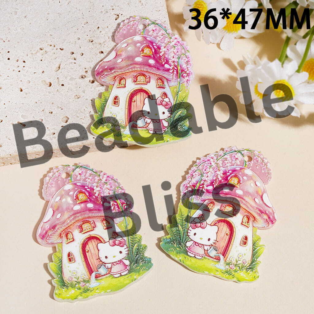 Mushroom House Acrylic Pendants with Cute Cat Character and Green Plants, 36*47MM