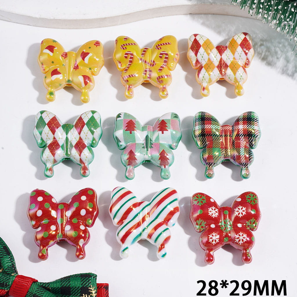 Acrylic Beads Butterfly in Christmas Theme, UV Finish, 28*29MM Random Mix