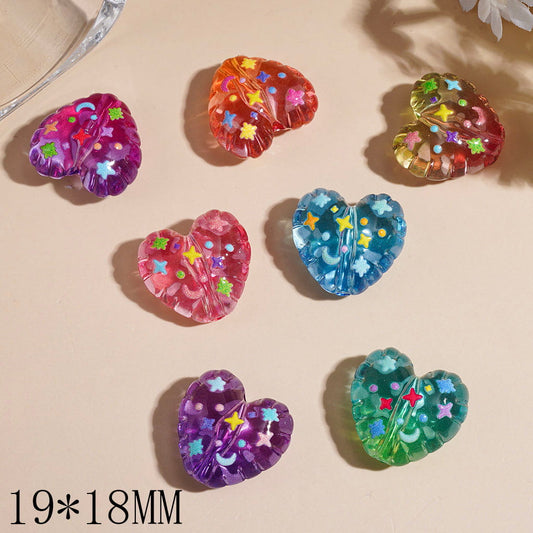 Transparent Galaxy Heart Acrylic Beads with Mini Dots Star & Moon, 19*18MM, Multi Colors Random Mix