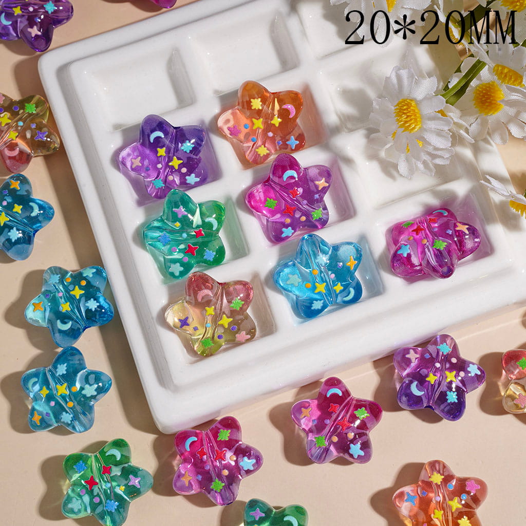 Acrylic Beads with Mini Star Moon Dots Patterns, Semi-Clear Star Shape, 20*20MM Multi-Color Random Mix