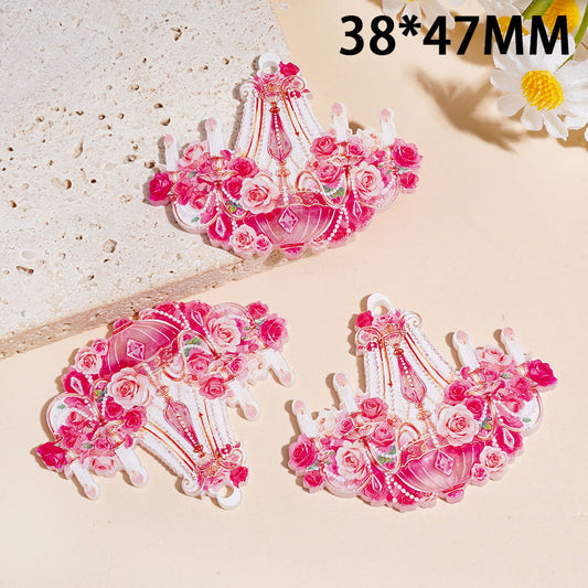Pink Floral Chandelier Acrylic Pendant Charm with  Rose Flower & Crystal Design, 38*47MM