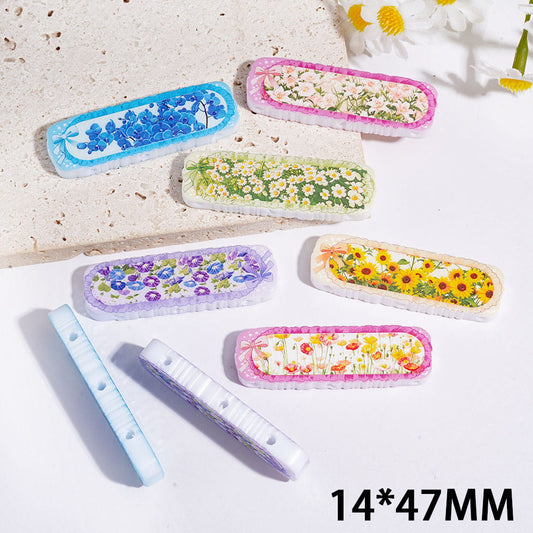 Vintage Flower Printed Rectangle Acrylic Beads, Three Holes, 14*47MM Random Mix
