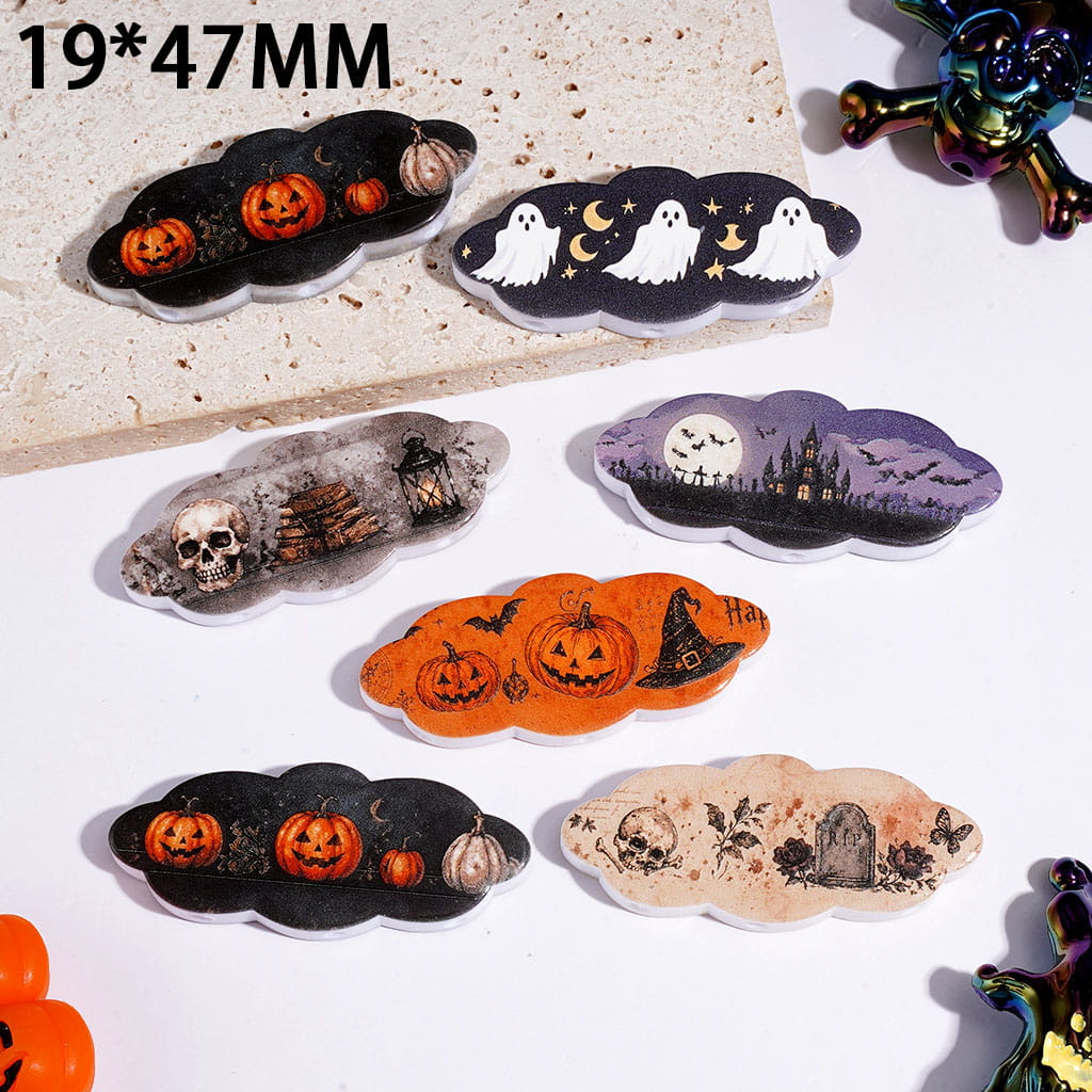 Cloud Halloween Theme Acrylic Beads with Ghost Skull Pumpkin Bat Hat, Three Holes, 19*47MM Random Mix