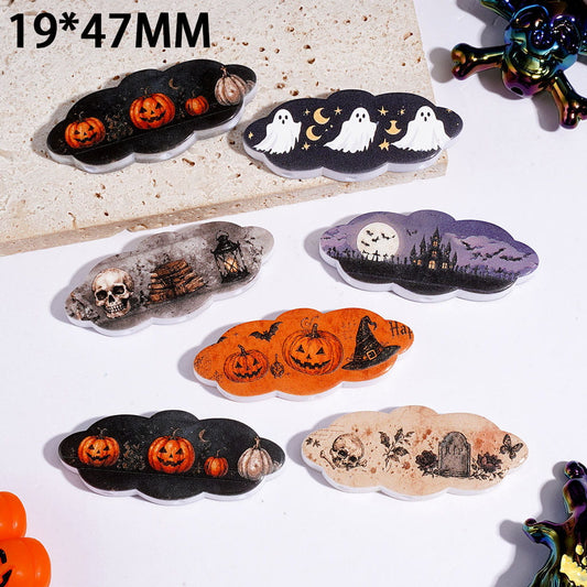Halloween Cloud Shape Printed Acrylic Beads, Ghost, Pumpkin, Skull & Haunted House Designs, 19*47MM, Assorted Designs, Random Mix