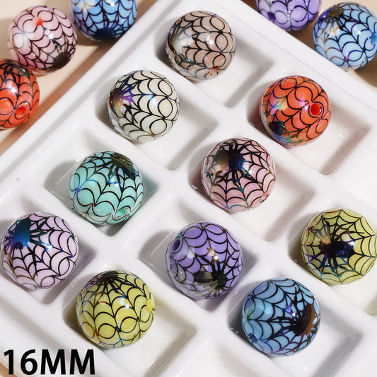 UV Coated Halloween Spider Web Printed Round Acrylic Beads, 16MM, Assorted Colors, Random Mix