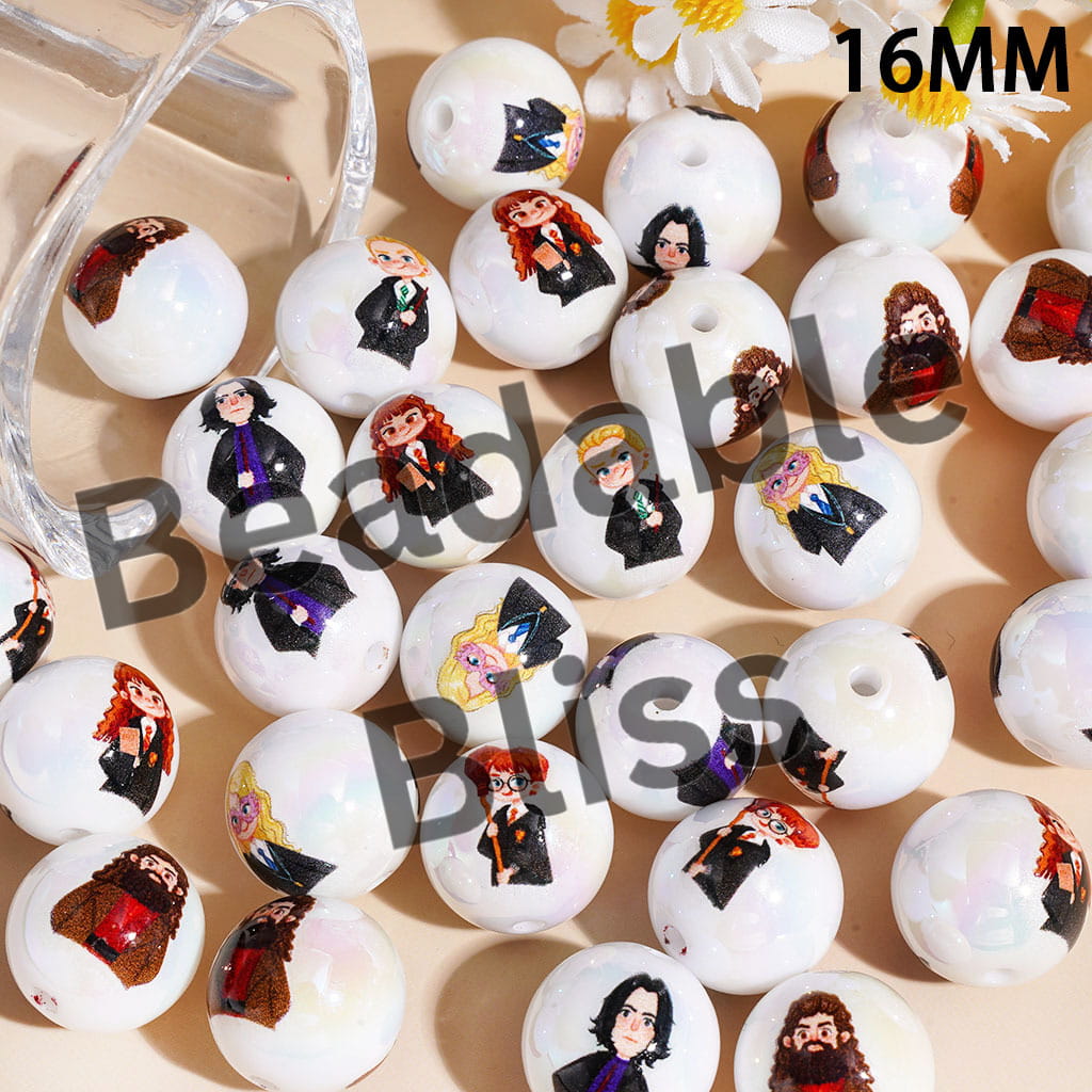 Acrylic Beads for Bracelets UV Coating with Wizard Boy Character Series, 16MM Random Mix