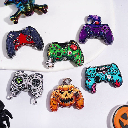 Halloween Horror Series Acrylic Beads, Zombie, Mummy, Vampire Bat & Pumpkin Gaming Controller Design, Assorted Shapes, Random Mix