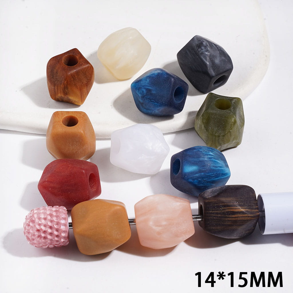 Matte Frosted Acrylic Beads with Wood Grain Effect, 14×15mm Random Mix