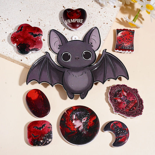 Cute Gothic Vampire Bat Character Series, Red Moon Halloween Theme Acrylic Beads, Assorted Shapes, Random Mix
