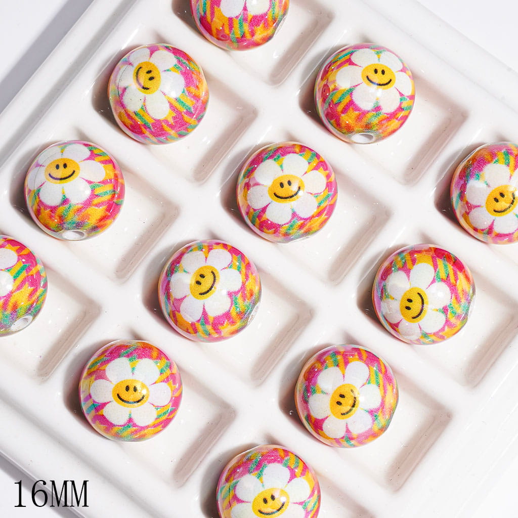 UV-Finished Smiling Daisy Flower with Colorful Confetti Stripe Print Round Acrylic Beads for DIY Bracelets and Necklets, 16MM