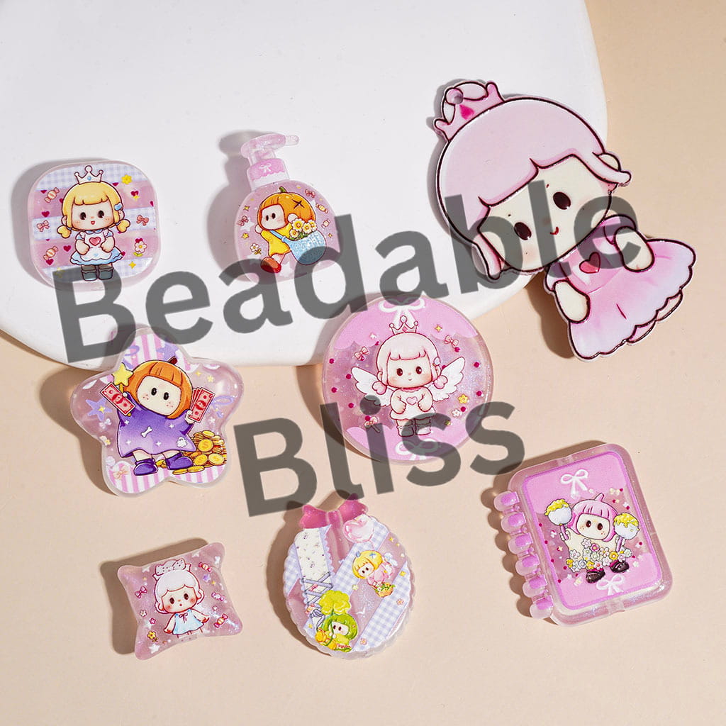 Acrylic Beads and Pendants Girl with Straight Bangs Character, Pink Series, Random Mix