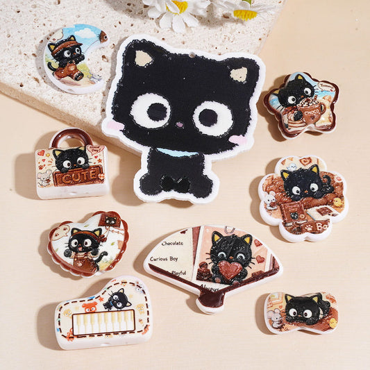 Cute Black Kitten Chocolate & Dessert Theme Acrylic Beads for Pendants, Various Shapes, Random Mix