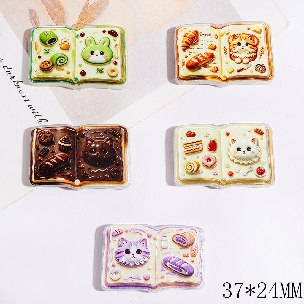 Whimsical Cute Cat, Bunny & Sweet Dessert Storybook-Shaped Acrylic Beads, 37*24MM, Random Mix