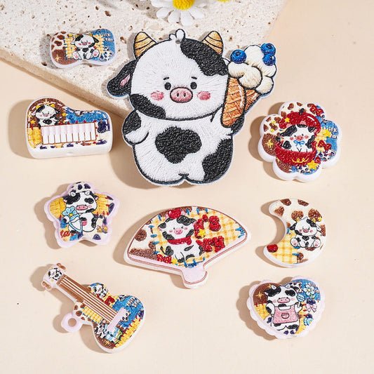Cute Cow with Ice Cream Embroidered Style Dairy Cattle Print Acrylic Beads for Pendants, Various Shapes, Random Mix