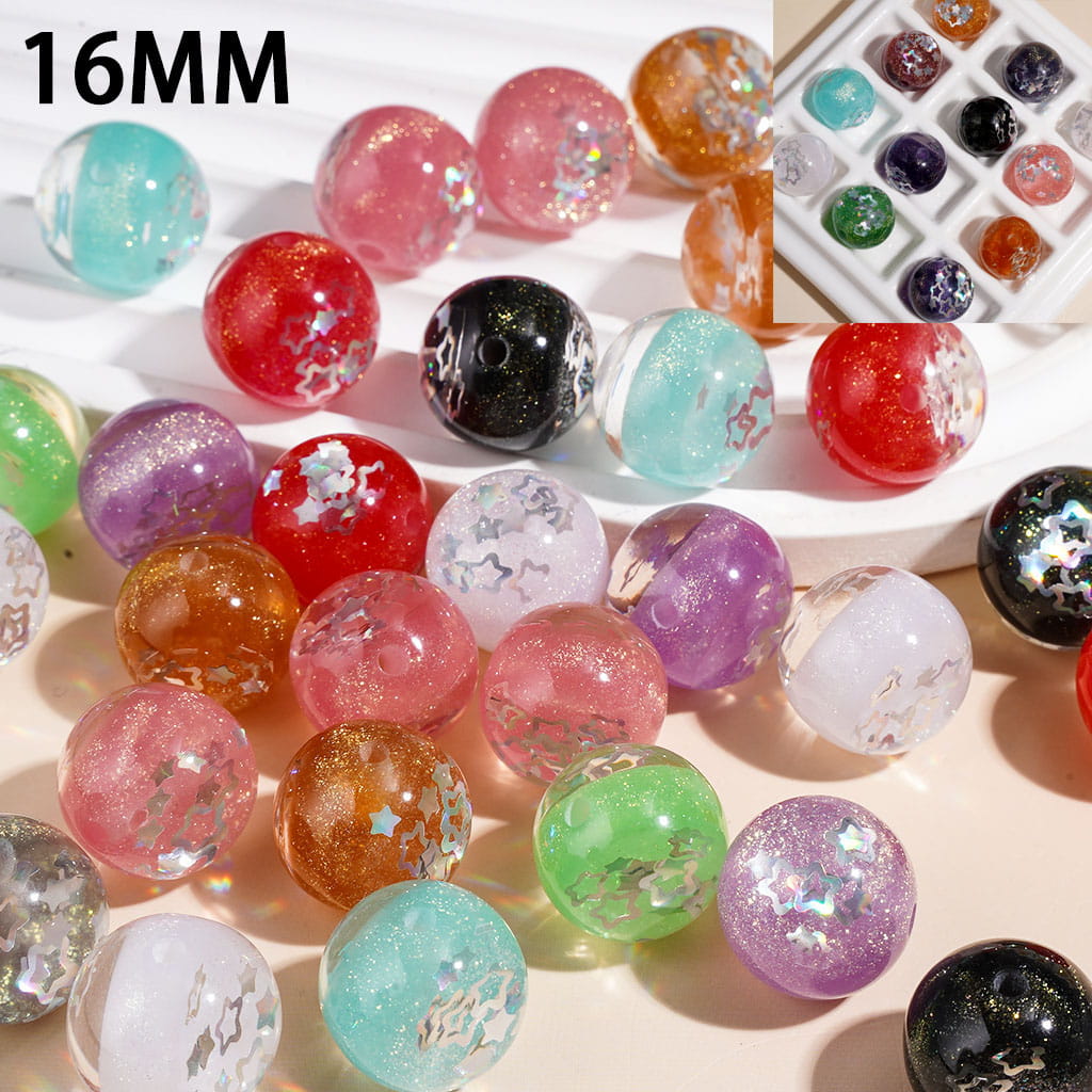 Glitter and Silver Star Sequins Embedded Inside Acrylic Beads for Bracelets, Color Changing, 16MM, Multi-Color, Random Mix