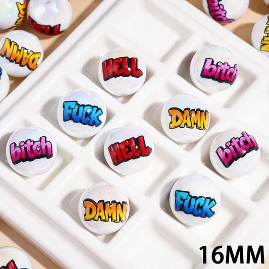 UV Coating Graffiti Style Humor Text Print Round Acrylic Beads for Bracelets, 16MM, Multi-Color Random Mix