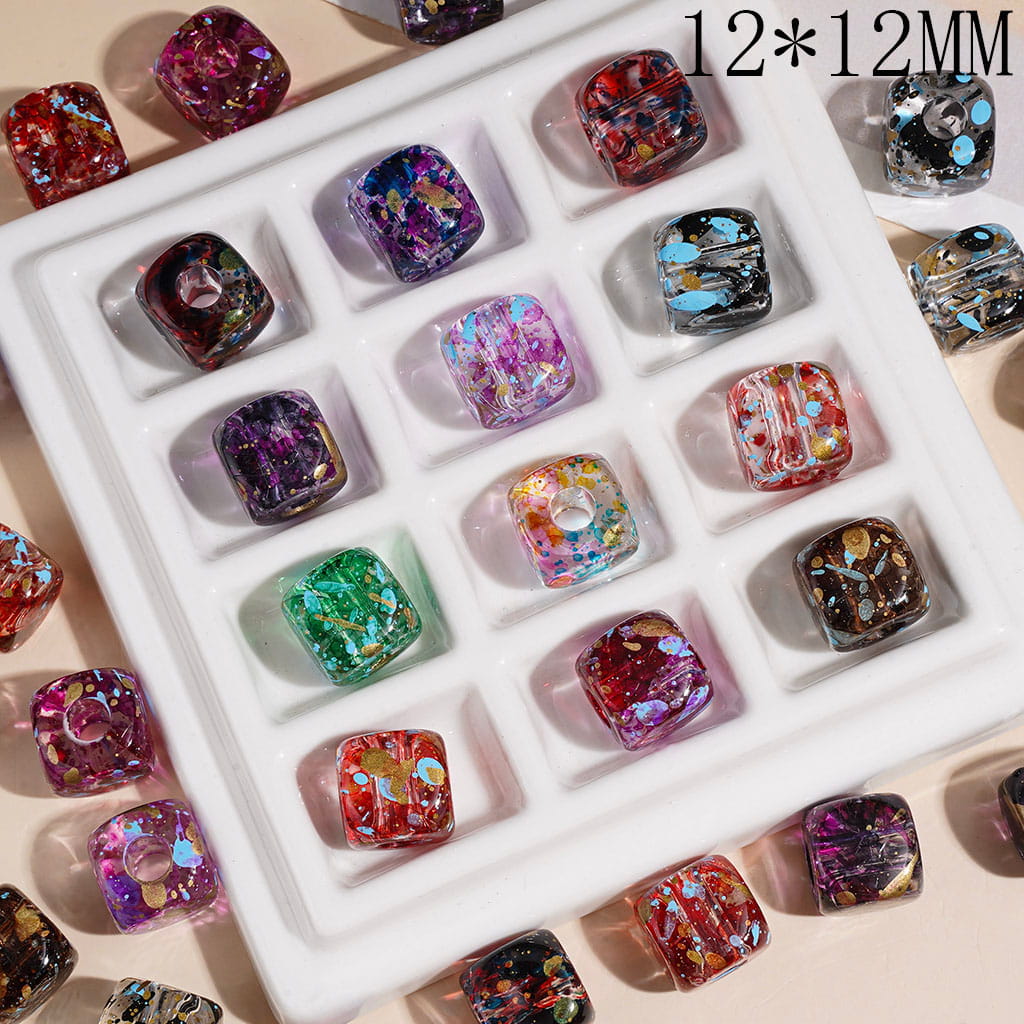 Oil Painting Style Ink-Splatter Printed Acrylic Beads, Rounded Cube Square, 12*12MM, Big Hole Beads, Random Mix (The Hole Diameter is Around 5MM)