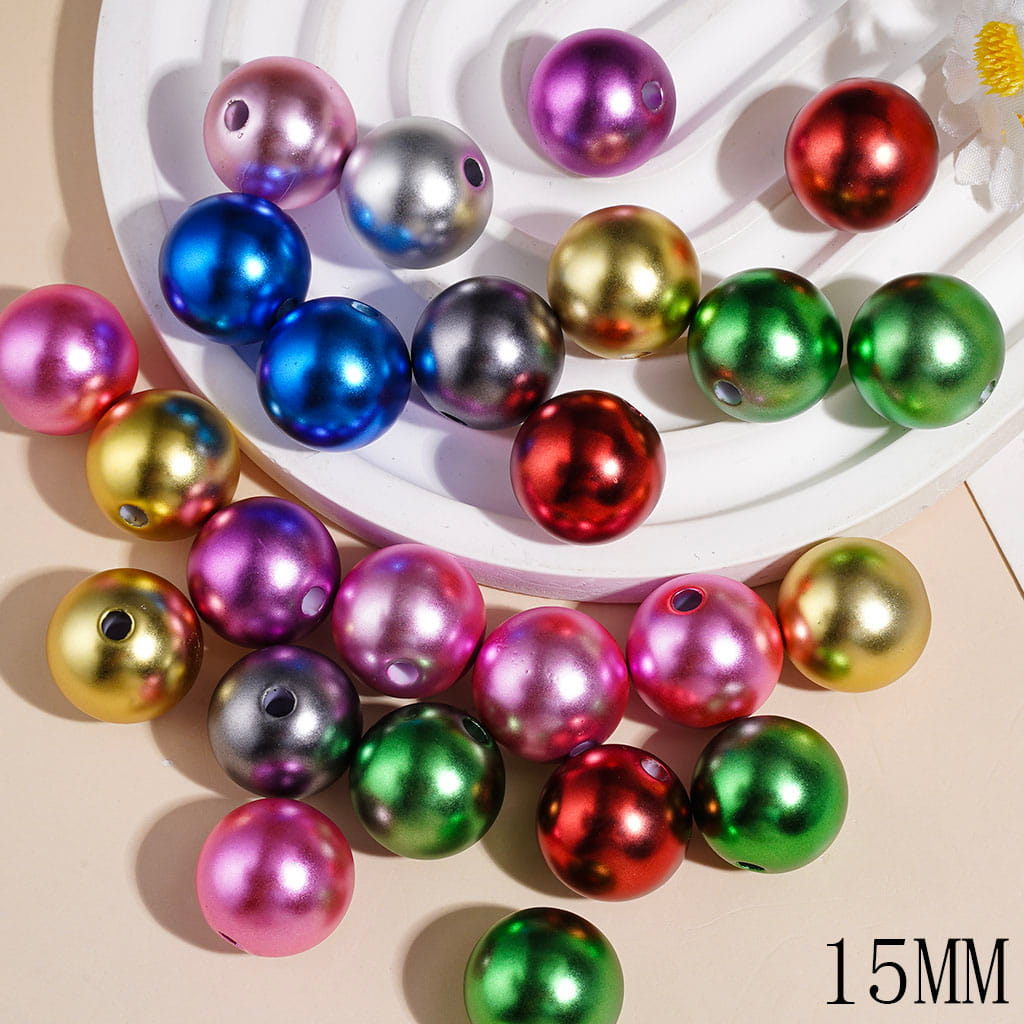 Shiny Metallic Pearl Finish Round Acrylic Beads for Bracelets, 15MM, Multi-Color Random Mix