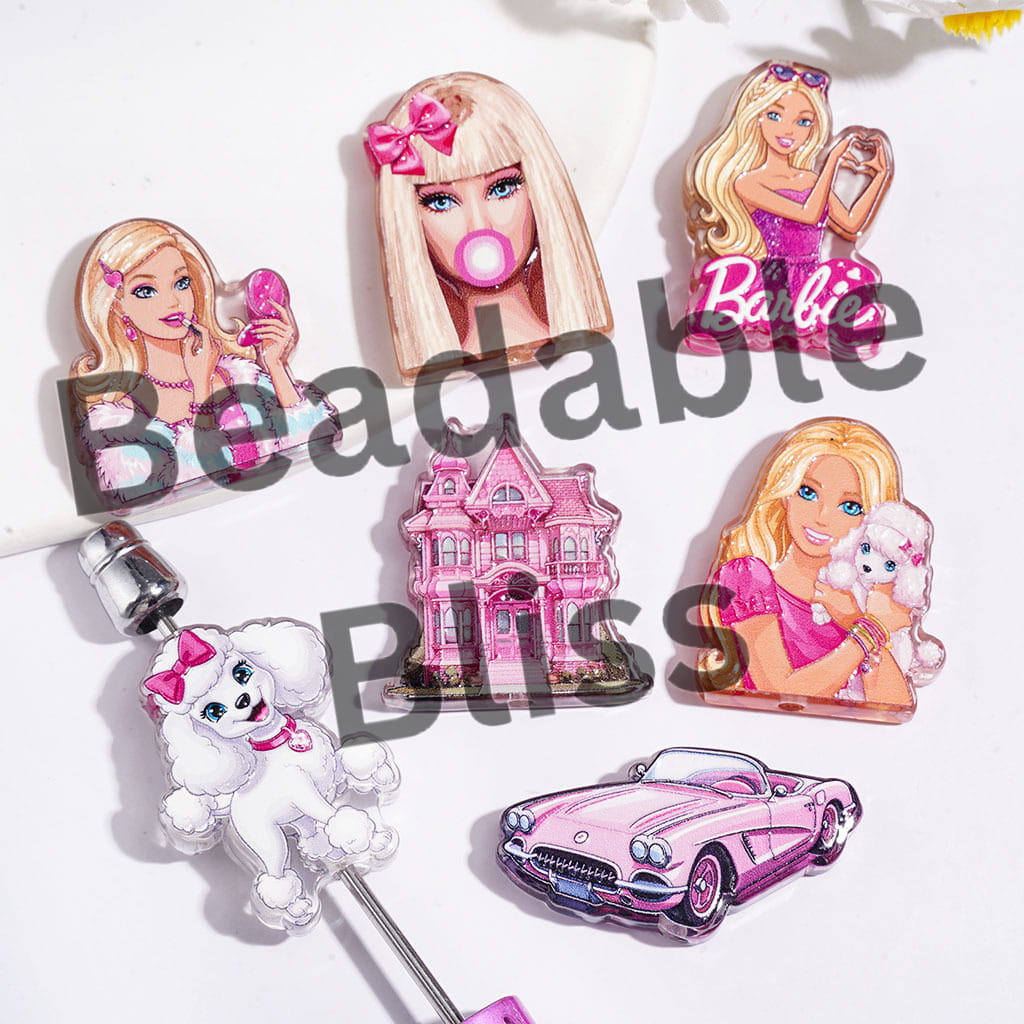 Pink Fashion Doll Poodle House Car Acrylic Beads, Random Mix