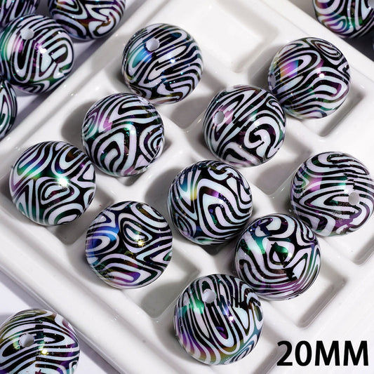UV Coated Black and White Abstract Wave Swirl Zebra Stripe Printed Round Acrylic Beads for Bracelets, 20MM