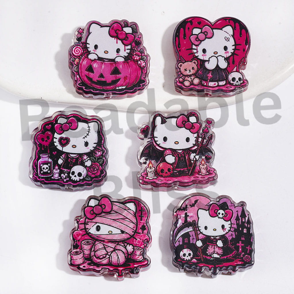 Cute Cat Characters in Halloween Theme Acrylic Beads, Semi-Clear, Random Mix