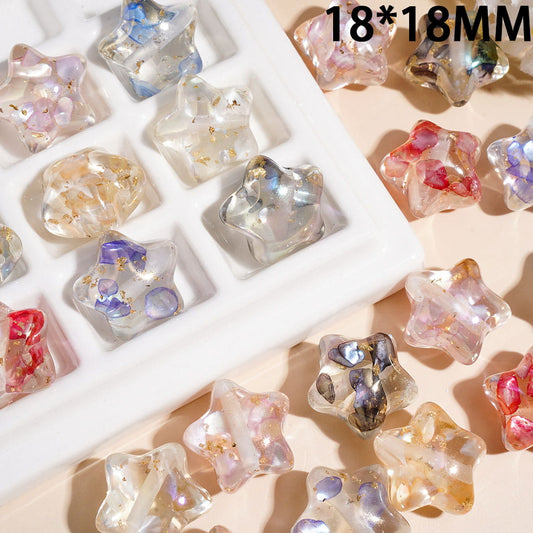 Transparent Star Shape Acrylic Beads with Broken Shell Flakes, Colorful Foil Inclusions & Gold Glitter Details, 18×18MM Random Mix