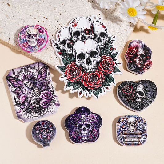 Halloween Horror Skull with Rose Flower Butterfly Vintage Gothic Printed Acrylic Beads for Pendant, Random Mix