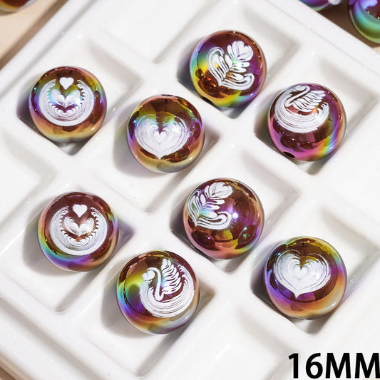 UV Coated Romantic Heart & Latte Art Coffee Theme Pattern Round Acrylic Beads for Bracelets, 16MM, Random Mix